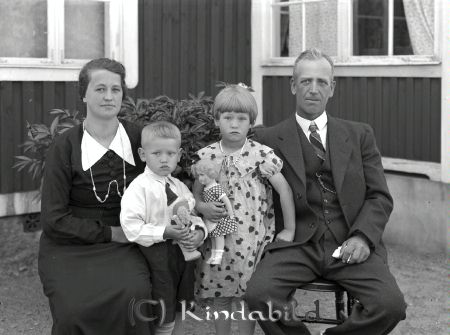 Karl Svensson Lönningehult Horn
raja
Karl Svensson  
Familjeporträtt en kvinna en man en flicka en pojke

raja
Hallvy och Karl Svensson med barnen Inga och Evert. 
Källa: Gerd Pettersson

raja
Karl Edvin Svensson född 1894 med hustru Helny född Nilsson 1911 i Horn.
 Barn:
 Inga född 1932 och Evert född 1933.
 1940 föddes dottern Ing-Britt.
 Inga gift med Gunnar Henning Harry Melkersson. De fick barnen Roland och Birgitta.
 Källa: Studiegruppen hembygdsgården och Folkräkning 1940, 1950 och 1960 

Nyckelord: Svensson Lönningehult