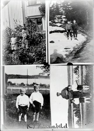Reproduktion 1947
raja
Flickorna på den övre vänstra bilden är Birgit och Margareta döttrar till gästgivaren Ragnar Andersson Kisa.
Gossarna på nedre bilderna kan vara Tore och Henry Ragnar, den högra bilden tillsammans med fadern Sigurd. Kisasjön i bakgrunden.
Källa: Studiegruppen hembygdsgården. 
