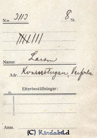 Beställningstext: Larsson, Kvarnstugan, Verfveln (Verveln)
 Larsson Kvarnstugan Verfveln Verveln
Nyckelord: Larsson Kvarnstugan