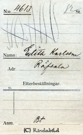 Edith Karlsson Räfsala
Beställningstext: Edith Karlsson, Räfsala (Rävsala) 

Nyckelord: Karlsson Räfsala
