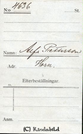 Alfr. Pettersson, Horn
Beställningstext: Alfr. Pettersson, Horn 
Nyckelord: Pettersson Horn