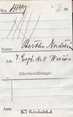 Bertha Nordström V Espl Nr 11 Wexiö
godj
Bertha Nordström V Espl Nr 11 Wexiö
Nyckelord: Nordström Wexiö Växjö