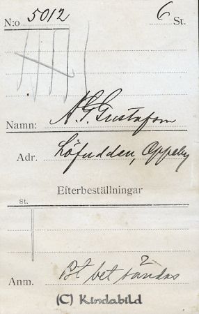 A. G. Gustafsson Löfudden Oppeby
Beställningstext: A. G. Gustafsson, Löfudden, Oppeby  
Nyckelord: Gustafsson Löfudden