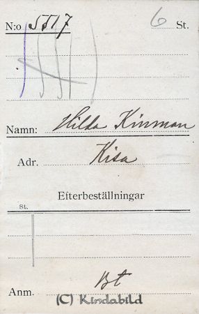 Hilda Kindman Kisa
Hilda Kindman Kisa

Rättelse: Kindman
Källa: Nettan 
Nyckelord: Hilda Kindman