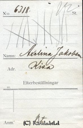 Axelina Jakobsson, Kisa
Beställningstext: Axelina Jakobsson, Kisa
Nyckelord: Jakobsson