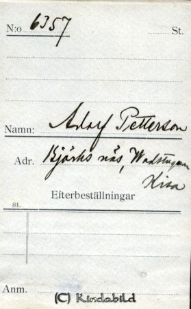 Adolf Pettersson Björksnäs Wadstugan Kisa
Adolf Pettersson Björksnäs Wadstugan Kisa
Nyckelord: Pettersson Björksnäs