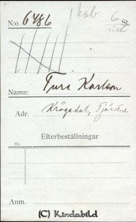 Ture Karlsson Krågedal Tjärstad
Beställningstext: Ture Karlsson, Krågedal, Tjärstad 

Nyckelord: Karlsson Krågedal
