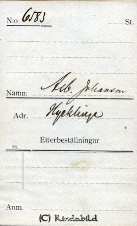 Alb. Johansson, Hycklinge
Beställningstext: Alb. Johansson, Hycklinge
Nyckelord: Johansson Hycklinge