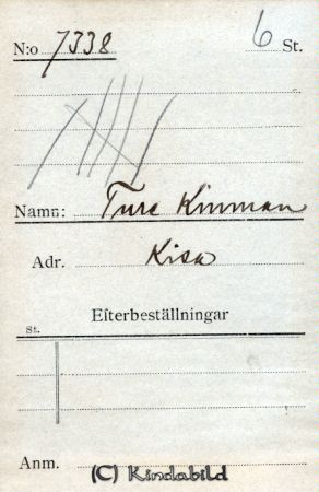 Ture Kindman Kisa
Ture Kindman Kisa

Rättelse: Kindman
Källa: Nettan 
Nyckelord: Ture Kindman