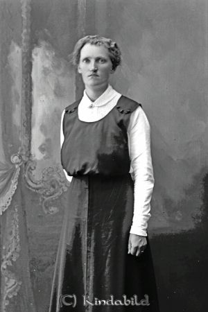 Clarin Tidersrum
godj
Clarin Tidersrum

gepe
Dotter till klockaren och skolläraren Fredrik Vilhelm Clarin född 1853 i Häradshammar.
Han var gift med Emilia Josefina Pettersson. De hade sex flickor födda 1881-1899.
En av döttrarna Constance Eugenia (Cajsa) född 1899  var gift med konstnären Wesström. Hon var lärarinna i Kisa. 
Damen på bilden är nog äldsta dottern Amalia Maria född 1881. Hon emigrerade till Nordamerika 1917, samma år som fotot togs.
Källa: Kyrkoarkiv Tidersrum bl a.
Nyckelord: Clarin Tidersrum