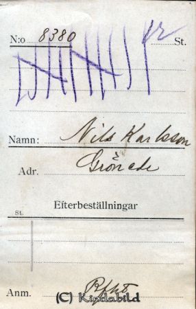 Nils Karlsson   Grönede
Nils Karlsson   Grönede
Nyckelord: Karlsson Grönede