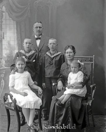 I Odén
godj
Ivar Odén  Mjölsefall
Grupporträtt med en man en kvinna och fyra barn

raja
Ivar och Hedvig Odén med barnen Torsten, Erik (1909-1995), Anna Karin och Maja Lisa. 
Källa: Gerd Pettersson 

Nyckelord: I Odén