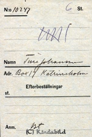 Ture Johansson  Box 17  Katrineholm
Ture Johansson  Box 17  Katrineholm
Nyckelord: Ture Johansson