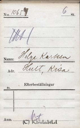 Helge Karlsson  Hult  Kisa
Helge Karlsson  Hult  Kisa
Nyckelord: Karlsson Hult
