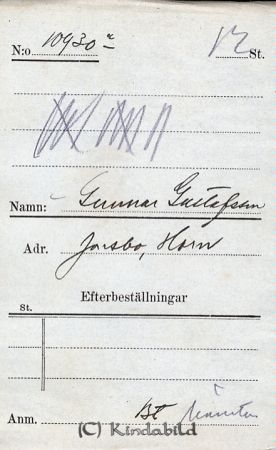 Gunnar Gustafsson  Jonsbo  Horn
Gunnar Gustafsson  Jonsbo  Horn

raja
Detta foto som föreställer Runar född 1923 bör vara taget 1924, men sorterats i gemensam 20-talslåda.
Beställaren uppges heta Gunnar Gustafsson, men är troligen ett hörfel av fotografen för namnet Runar. Någon Gunnar är ej känd i Jonsbo. 
Källa: Sune Holgersson
Nyckelord: Gustafsson Jonsbo