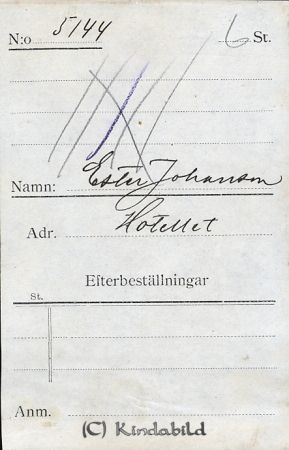 Ester Johansson Hotellet
Ester Johansson Hotellet
Nyckelord: Johansson Hotellet