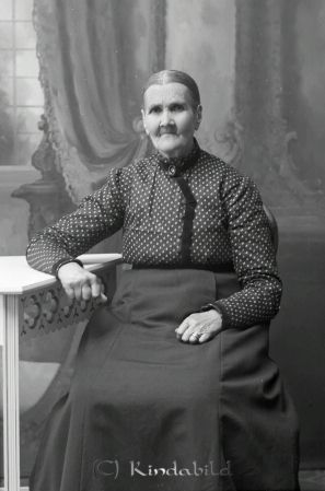 Lovisa Samuelsson Horfva Tidersrum
godj
Lovisa Samuelsson Horfva Tidersrum

raja
Denna Lovisa Samuelsdotters ansikte och även blus överensstämmer med ett något yngre fotografi av min mormors farmor Lovisa Samuelsdotter (f 1844 i Tidersrum sn, d där 1922 enligt kyrkböcker), som på 1910-talet var bosatt i Söderhult, Tidersrum socken. Lovisa var änka efter torparen Samuel Peter Samuelsson (f 1838 i Rumskulla sn, d 1897 i Tidersrum sn enligt kyrkböcker) i Spingan under Söderhult, Tidersrum socken. 
Källa: matan

Nyckelord: Samuelsson Horfva