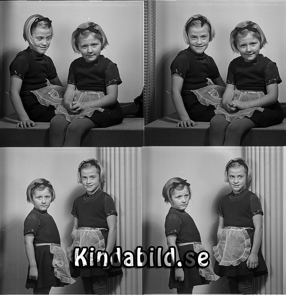 Syskonen Myrgård Kisa
gepe
Två  flickor i mörka klänningar och vita midjeförkläden.
Döttrar till David Myrgård

raja
Till vänster Karin och till höger Christina (tvilling med Christer) födda 1934 
Källa: Gerd Pettersson

Nyckelord: Myrgård Kisa