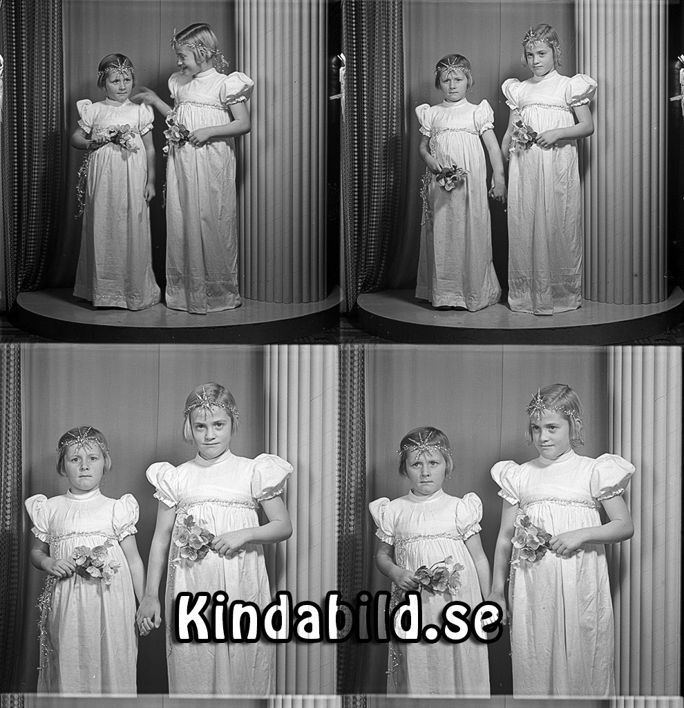 Systrarna Myrgård Kisa
gepe
Två flickor klädda i långa vita klänningar med blombuketter i händerna

raja
Karin och Christina Myrgård. Christina, tvilling med Christer född 1934. 
Källa: Studiegruppen Hembygdsgården 

Nyckelord: Myrgård Kisa