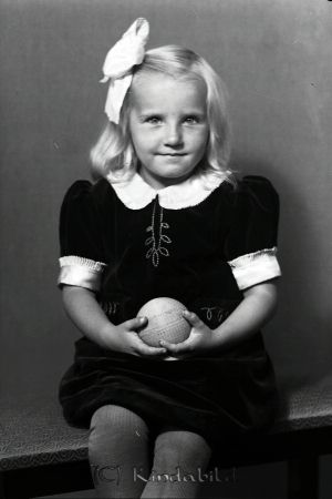 Johansson Aina Hult Kisa
raja
En blond flicka med rosett i håret bär en mörk kortärmad klänning med vit krage och vita ärmslut. Håller en boll i handen.

Nyckelord: Johansson Kisa