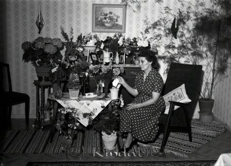 Fru Ellen Larsson Mjellerum Kisa
raja
Sittande kvinna i vitprickig klänning omgiven av blommor
Nyckelord: Larsson Kisa