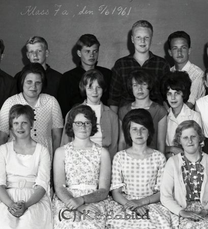 Klass 7a 1961
cujo
Klassfoto Kisa Folkskola

raja
Främre raden fr vänster Elisabet Roos, Ulla från Karlström, Kerstin Månsson och Irene Karlsson.
 Rad 2 från vänster ?, Inger Karlsson Bäckfall, Görel Karlsson Lillå, och ?.
 Rad 3 från vänster ?, Sven-Gunnar Karlsson, Karl-Bertil Pettersson och Göran Melkersson.
 Källa: Studiegruppen hembygdsgården 
Nyckelord: Klassfoto kisa