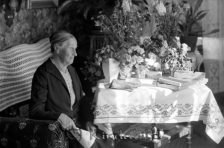 Fru Åberg Kisa
raja
Kvinna omgiven av blommor påå sin 60-årsdag

raja
Elin Karolina Åberg född Karlsson 1875 i Kisa.
Död 1953 i Ekebo Kisa. 
Källa: Gerd Pettersson 

raja
Bodde i "Amerika" på Grönedegatan. Hon hade barnen Anna-Lisa, Nisse, Ellen och Inga.
Källa: Studiegruppen hembygdsgården. 
Nyckelord: Åberg Kisa