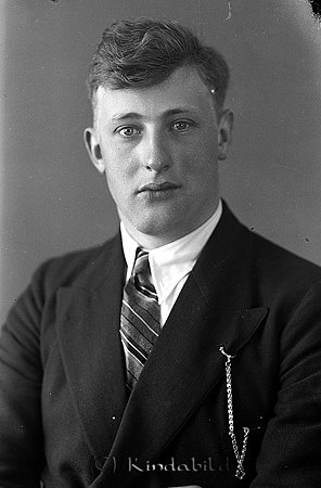 Karl Gustavsson Frössvik Oppeby
raja
Man klädd i skjorta slips och kavaj

raja
Karl Gustavsson, född 1915 i Sommenäs Tidersrum.
 Han var ogift.
 Föräldrarna var Karl Anders Axel Gustafsson född 1882 och Signe född Eriksson 1887 i Knoppetorp Kisa.
 Familjen flyttar till Frössvik 2 år 1925.
 Syskon till Karl Gustavsson:
 Ivar född 1907, gift med Tyra
 Erik född 1910, ogift
 Ester född 1913, gift med Holger Svensson Kvarnsveden Oppeby, sonen Sven.
 Källa: Jan Andersson
Nyckelord: Gustavsson Oppeby