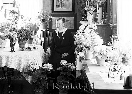 Fru Ragnar Stjärneberg Kisa
raja
Kvinna klädd i mörk klänning med ljus krage omgiven av blommor

Nyckelord: Ragnar Kisa